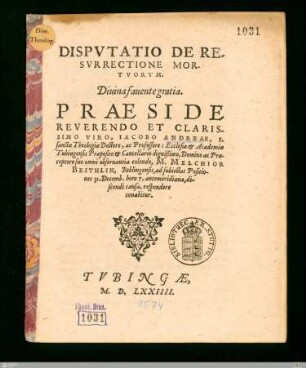 Dispvtatio De Resvrrectione Mortvorvm