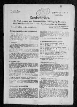 1946: Rundschreiben der Ärztekammer Hamburg und Kassenärztlichen Vereinigung Hamburg : an alle niedergelassenen Ärzte, beamteten Ärzte, Assistenzärzte und Ärztekasinos