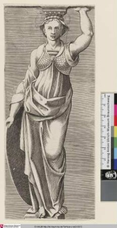 [Karyatide mit Schild, mit ihrem linken Arm den Architrav stützend; Caryatide en face with her left hand raised supporting the architrave. Her right hand is resting on a shield, which is placed on the ground]