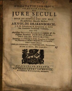 Disputatio Iuridica Inauguralis, De Iure Seculi