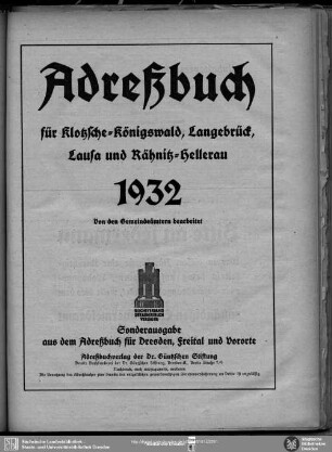 Adreßbuch für Klotzsche-Königswald, Langebrück, Lausa und Rähnitz-Hellerau 1932
