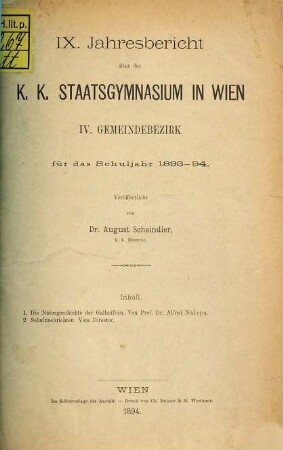 Jahresbericht über das K.K. Staatsgymnasium in Wien, IV. Bezirk : für d. Schuljahr .... 9. 1893/94