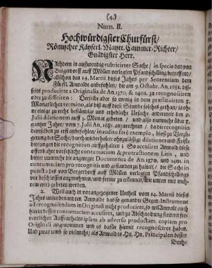 Num. II. Hochwürdigster Churfürst/ Römischer Käyserl. Maytt. Cammer-Richter/ Gnädigster Herr