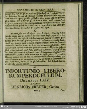 De Infortunio Liberorum Perduellium, Discursus LXIV. Defendens Henricus Freder, Gedan.