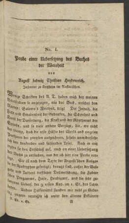 No. I. Probe einer Uebersetzung des Buches der Weisheit von August Ludwig Christian Heydenreich, ...