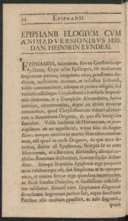 Epiphanii Elogium Cum Animadversionibus Mss. Dan. Heinsii In Eundem
