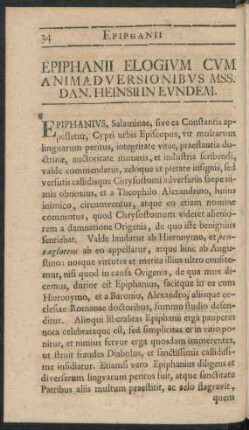 Epiphanii Elogium Cum Animadversionibus Mss. Dan. Heinsii In Eundem