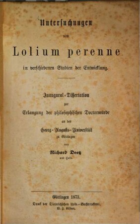 Untersuchungen von Lolium perenne in verschiedenen Stadien der Entwicklung : Inaugural-Dissertation