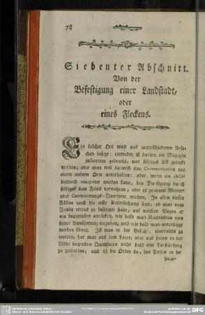 Siebenter Abschnitt. Von der Befestigung einer Landstadt, oder eines Fleckens