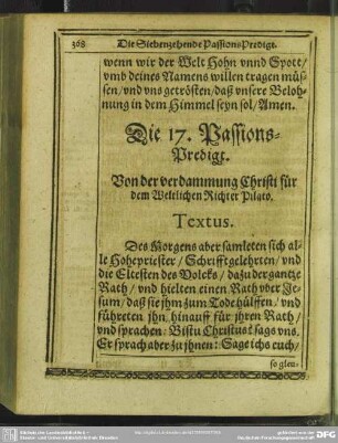 Die 17. Passions-Predigt. Von der verdammung Christi für dem Weltlichen Richter Pilato
