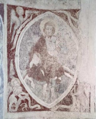 Christus in der Mandorla umgeben von den Evangelistensymbolen und von Apostel