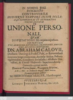 Discussio Controversiae Hodierno Tempore Inter Ecclesias Orthodoxas Et Reformatos Coetus Agitatae De Unione Personali