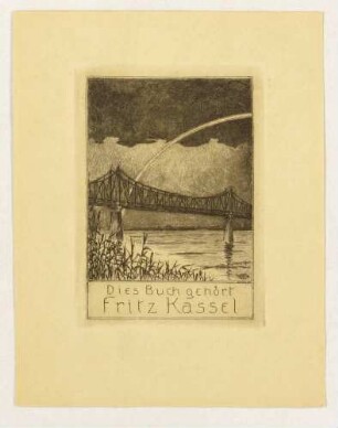 Exlibris Fritz Kassel, Regenbogen über Stahlbrücke am Fluss mit Schilf