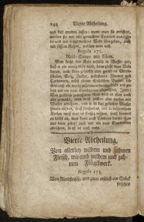 Vierte Abtheilung. Von allerley wildem und zahmen Fleisch, wie auch wildem und zahmen Flügelwerk.