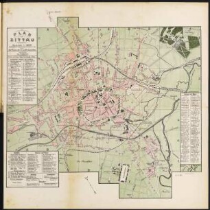 Plan von Zittau und Umgebungskarte mit Einträgen zum Grundbesitz von Zittau , 1:10 000 u. 1:112 500, Lithographie, 1906 : 1. Plan von Zittau / nach Plänen des Stadtbauamtes. Bearb. von R. Müller. - Rev. 1906. - 1:10 000. - Zittau : Haupt u. Schwager, 1906. - 1 Kt. : Lithogr. ; 37,3 x 34,0 cm +++ 2. Karte des Grundbesitzes der Stadt Zittau / Gez. von R. Müller. - Gez. 1900, rev. 1906. - 1:112 500. - Zittau : Haupt u. Schwager, 1906. - 1 Kt. : dreifarb. Lithogr. ; 36 x 29,5 cm