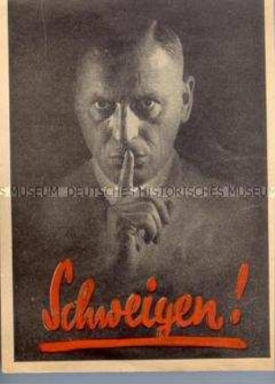 Illustrierter Handzettel aus dem 2. Weltkrieg mit der Warnung vor Spionen