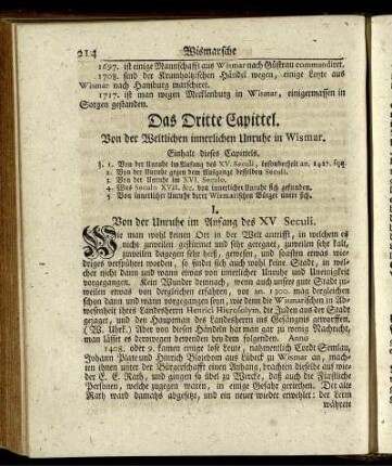 Das Dritte Capittel. Von der Weltlichen innerlichen Unruhe in Wismar.