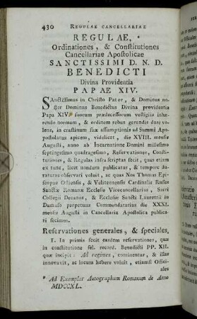 Regulæ, Ordinationes, & Constitutiones Cancellariae Apostolicae Sanctissimi D. N. D. Benedicti Divina Providentia Papæ XIV.