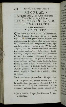 Regulæ, Ordinationes, & Constitutiones Cancellariae Apostolicae Sanctissimi D. N. D. Benedicti Divina Providentia Papæ XIV.