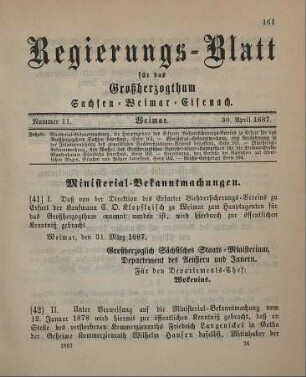 41. Ministerial-Bekanntmachung, die Hauptagentur des Erfurter Viehversicherungs-Vereins zu Erfurt für das Großherzogthum Sachsen betreffend