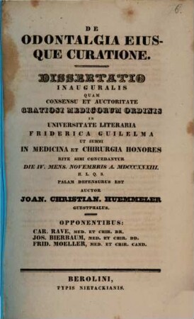 De odontalgia eiusque curatione