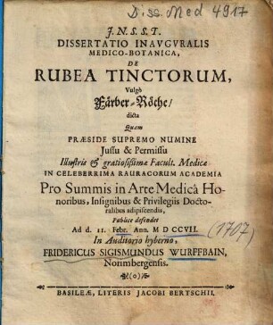 Dissertatio Inavgvralis Medico-Botanica, De Rubea Tinctorum, Vulgò Färber-Röthe, dicta