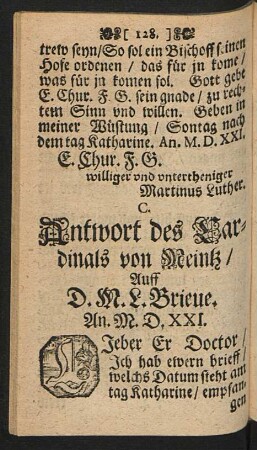 C. Antwort des Cardinals von Meintz / Auff D. M. L. Brieve, An M. D. XXI.