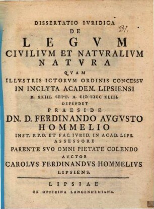 Diss. iur. de legum civilium et naturalium natura