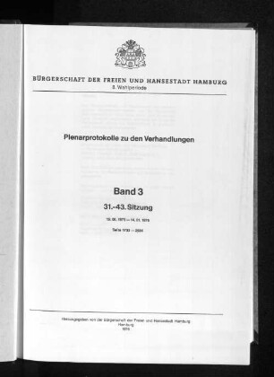 Wahlper. 8.1974/78, Bd. 3: Plenarprotokoll // Bürgerschaft der Freien und Hansestadt Hamburg