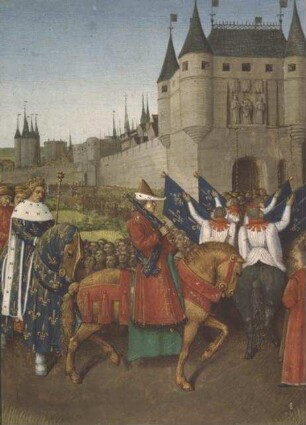 Grandes Chroniques de France — Der Einzug Karls V. in Paris, vorausreitend der Konnetabel Robert des Fiennes, Folio 419