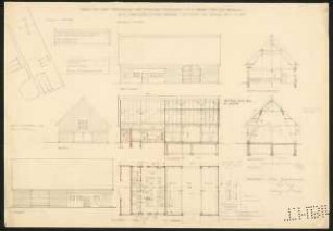 Stallscheune auf bestehendem Fundament für Herrn Schütz, Klein Eichholz: Lageplan M 1:500, Ansichten, Schnitte, Grundriss alle in M 1:100, Detail Schneunentor