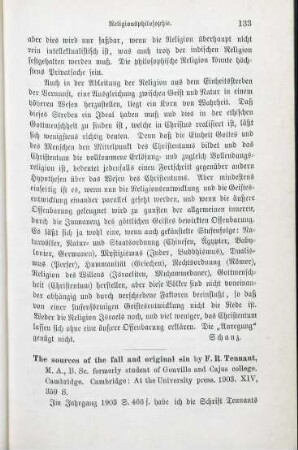 133-135 [Rezension] Tennant, Frederick R., The sources of the doctrines of the fall and original sin