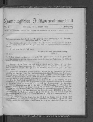 Bekanntmachung, betreffend das Reichsgesetz über Straffreiheit für politische Straftaten vom 21. Juli 1922.