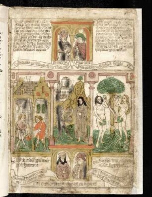 (1) Antitypus: Versuchung Christi; Typen: (2) Esau verkauft sein Erstgeburtsrecht für ein Linsengericht; (3) Sündenfall; (4) Propheten-Brustbilder