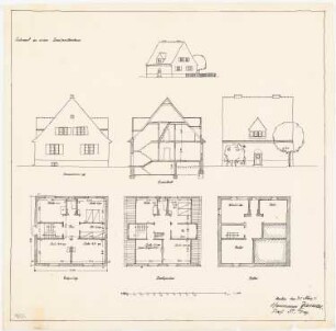 Musterhäuser für Kleinsiedlungen: Zweifamilienhaus Vorderansicht und Rückansicht , Querschnitt, Grundrisse von Kellergeschoss, Erdgeschoss und Dachgeschoss 1:100