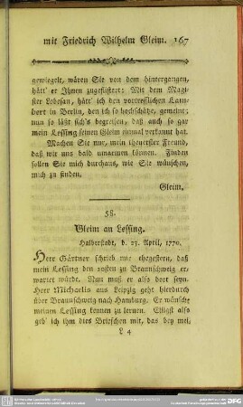 58. Gleim an Lessing. Halberstadt, d. 23. April 1770