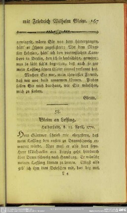 58. Gleim an Lessing. Halberstadt, d. 23. April 1770