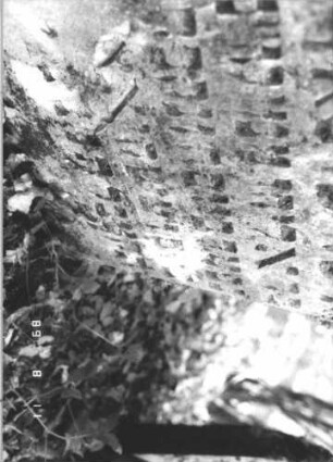 Grabstein 316 (Index: 99799793) Material: Sandstein Zustand: verwittert Maße HxBxT: 90x56x7 cm Beschreibung: Stele, eingezogener Rundbogenabschluß: Grabstein 316 (Detailaufnahme 1)