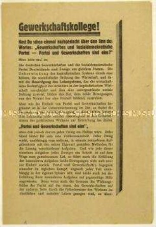 Aufruf an die Gewerkschaftsmitglieder zum Eintritt in die SPD