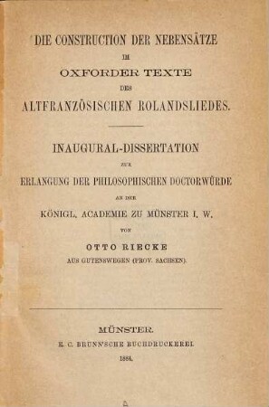 Die Construction der Nebensätze im Oxforder Texte des altfranzösischen Rolandsliedes