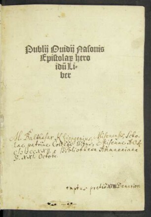 Publij Ouidij Nasonis || Epistola#[rum] hero||idũ Li=||ber ||