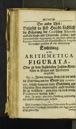 Der ander Theil: Einleitung zu der Arithmetica Figurata, ...