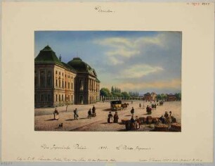 Das Japanische Palais und die zwei Torhäuser des ehem. Leipziger Tores (Weißes Tor) in Dresden, Blick vom Palaisplatz nach Nordwesten