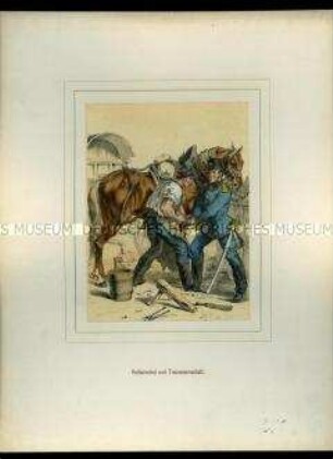 Hufschmied und Trainsoldat beim Beschlagen eines Pferdes. Aus Meinhold/Beck: "Die Königlich Sächsische Armee".