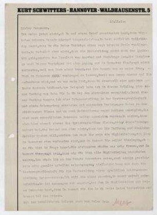 Brief von Kurt Schwitters an Raoul Hausmann. Hannover. Briefkopf: Kurt Schwitters Hannover Waldhauserstr. 5