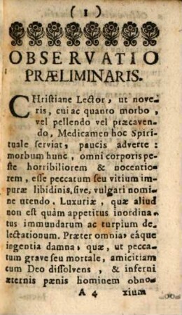Medicamen Spirituale Contra Tentationes & Vitia Castitati Contraria omnibus Caste vivere volentibus perutile ac Necessarium