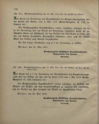 Nr. 102: Ministerialverordnung vom 31. Mai 1918 über den Verkehr mit Heu aus der Ernte 1918