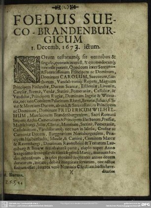 Foedus Sueco-Brandenburgicum : d. I. Decemb. 1673 ictum