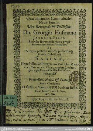 Gratulationes connubiales novis sponsis ... Georgio Hofmano ... et ... Sabinae ... Tolmani ... transmissae ...
