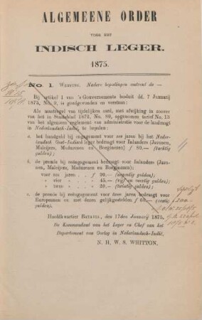 Algemeene order vor het indisch leger. 1875. No. 1. - No. 109.